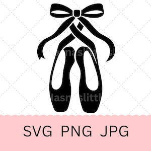 May include: Black silhouette of ballet pointe shoes with a bow at the top. The shoes are tied together with a ribbon. Below the shoes, the text "SVG PNG JPG" is displayed on a pink banner.