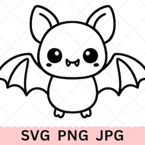 Puede incluir: Un murciélago de dibujos animados en blanco y negro con ojos grandes, orejas y alas extendidas. El murciélago tiene una expresión linda y amigable. Debajo del murciélago, el texto "SVG PNG JPG" se muestra en una pancarta rosa.