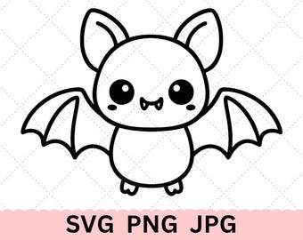 Nietoperz SVG, plik do cięcia nietoperza, kontur nietoperza, plik do cięcia dla Cricut, nietoperz PNG, clipart zwierząt, nietoperz JPG, kawaii clipart nietoperza