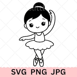 May include: Black and white illustration of a ballerina in a tutu, arms raised. The ballerina has a bun and is wearing ballet shoes. The image includes the text "SVG PNG JPG" at the bottom.