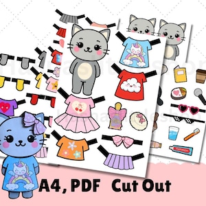 May include: Paper doll set featuring cartoon cats and various outfits. Includes dresses, skirts, tops, and accessories. The text "A4, PDF Cut Out" is visible.