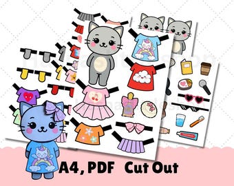 Kawaii Cat Paper Doll – Printable DIY Craft for Kids, Instant Download Animal Puppet