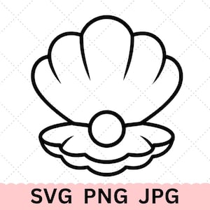 Puede incluir: Una ilustración de arte lineal en blanco y negro de una almeja abierta que contiene una perla. El diseño presenta contornos gruesos y está centrado sobre un fondo blanco. Debajo del gráfico, el texto SVG PNG JPG aparece en negro.