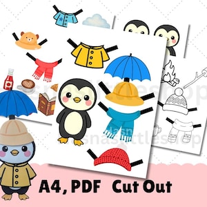 Pode incluir: Uma coleção de recortes de pinguins ilustrados com vários acessórios, incluindo chapéus, cachecóis e guarda-chuvas. A imagem também inclui um urso, um livro e o texto "A4, PDF Cut Out".