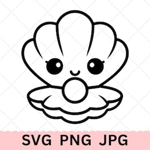 Pode incluir: Ilustração de desenho animado em preto e branco de uma concha com uma pérola. A concha tem olhos grandes e redondos e uma boca sorridente. O texto "SVG PNG JPG" é exibido em uma faixa rosa na parte inferior da imagem.