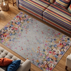 Colorful Blooming Meadow Rug: Washable Floral Area Rug for Living Room & Cottagecore Decor