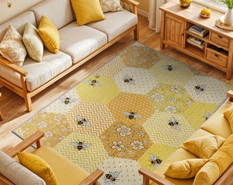 Bee Rug, Geometric Pattern Living Room Area Rug For Bee Decor, Yellow Washable Rug For Farmhouse Decor