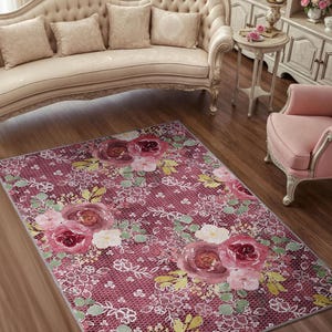 Romantischer Rosenteppich - Waschbarer Teppich im Vintage-Stil für elegante Shabby-Chic-Wohnkultur