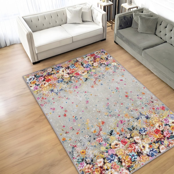 Flower Way Flower Pattern Rug, Rug For Teatable, Living Room Rug, Rug For Bedroom Aesthetic, Spring Room Decor, Farmhouse Decor, Kitchen Rug