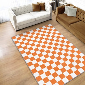 Orange and White Checkered Rug, Geometric Pattern Rug, Living Room rug, Rugs For Bedroom Aesthetic, Minimalistic Rug,Checkered Area Rug