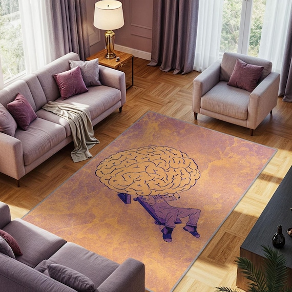 Funky Rug for Quirky Home Decor, Washable Rug for Thinkers, Dreamers & Lounge Zones, Psychology Themed Brain Rug, Therapist Rug, Whimsy Rug