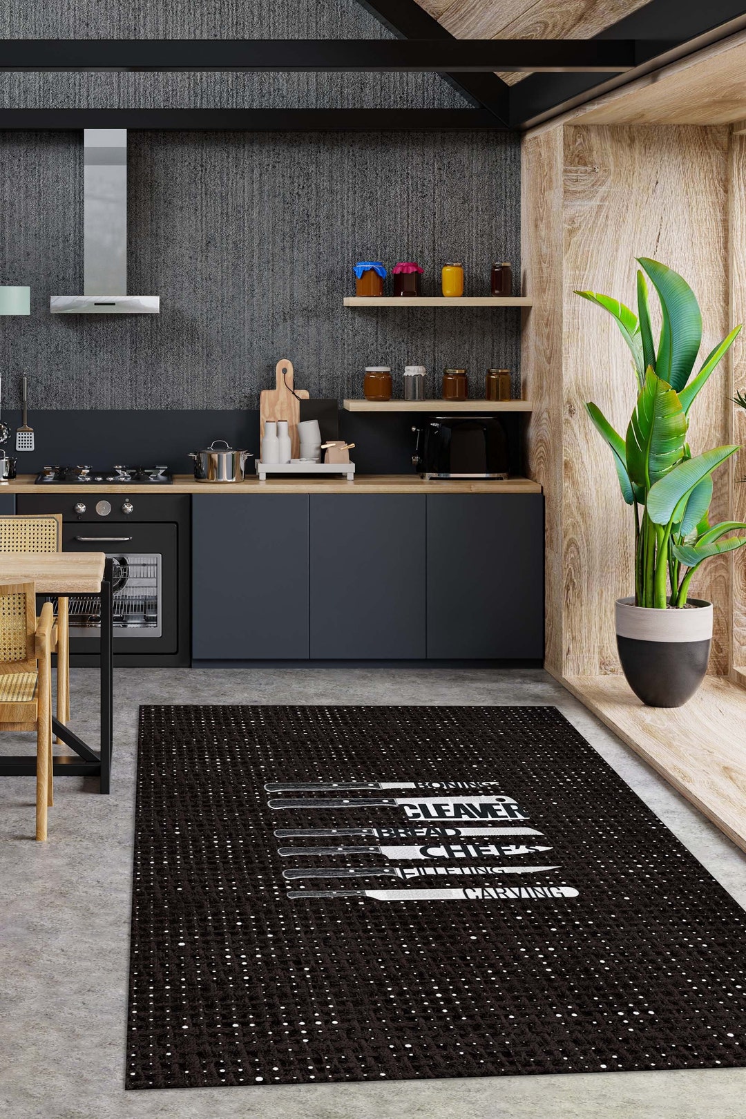 Chef Knife Themed Black Modern Kitchen Rug Washable Black Etsy