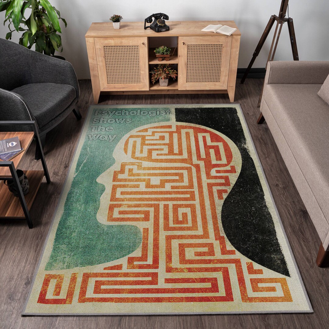 Vintage Look Modern Brain and Maze Colorful Rug, Abstract Contemporary ...