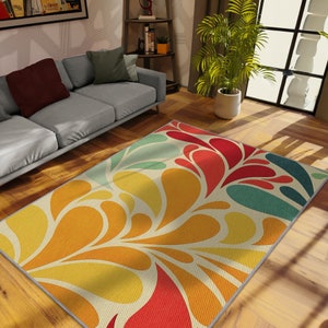 Heartwarming Washable Colorful Rug, Yellow Red Green Abstract Rug, Colorful Kitchen Rug, Rug For Bedroom Aesthetics, Decorative Bedside Rug