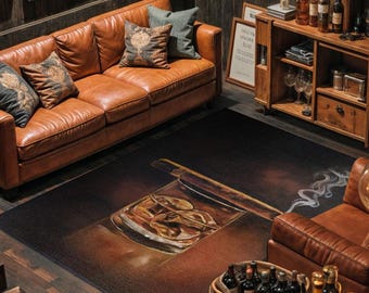 Alfombra con vaso de whisky y puros, decoración para una cueva de hombre en un bar clandestino, alfombra antideslizante lavable a máquina, alfombra para salón de caballeros, alfombra para piso de soltero