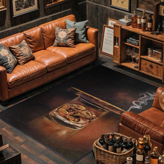 Whiskey Glass and Cigar Area Rug, Speakeasy Man Cave Decor, Machine Washable Non-Slip Carpet, Gentlemen Lounge Mat, Bachelor Pad Rug
