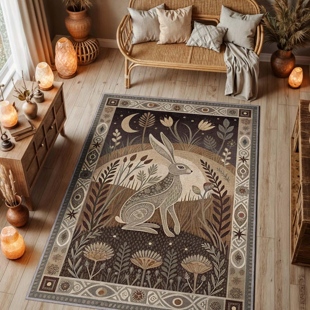 Woodland Rabbit Rug Washable: Boho, Fairycore Cottagecore Decor - Etsy