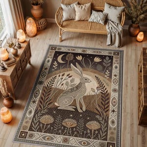 Woodland Rabbit Rug Washable: Boho, Fairycore Cottagecore Decor