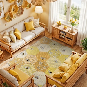 Honeycomb Bee Rug: Playful Yellow Floral Decor, Cotton Woven