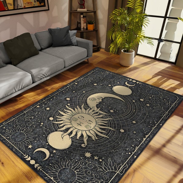 Moon and Sun Rug, Gray And Yellow Rug For Bedroom And Kids Room, Modern Living Room, Home Decor Rugs for Bedroom Aesthetic, Solar System Rug