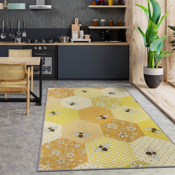 Bee Rug for Bee Themed Gifts, Honeycomb Tones Bee Pattern Rug, Geometric  Yellow Kitchen Rug, Aesthetic Yellow Rug, Modern Living Room Rug 