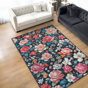 Colorful Flower Rug On A Dark Background, Flower Pattern Rug For Living Room And Bedroom Aesthetics, Floral Dark Academia Decor Area Rug