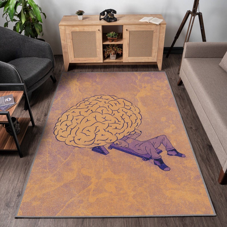 Alfombra moderna para una decoración original, lavable para pensadores, soñadores y zonas de descanso, con temática de psicología, terapeuta y fantasía. imagen 2