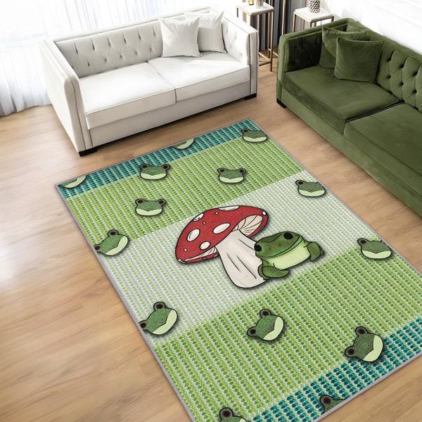 Mushroom Rug And Frog Rug Together For Funny Hypebeast Home Decor, Frog Pattern Aesthetic Rug, Cute Washable Green Rug For Weird Room Decor