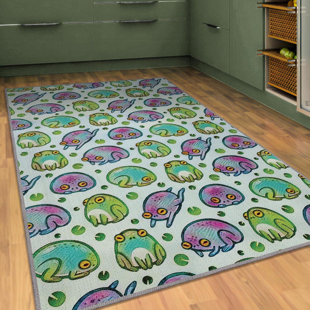 Frog Pattern Rug for Weird Room Decor, Green Purple Rug, Cute Rug ...