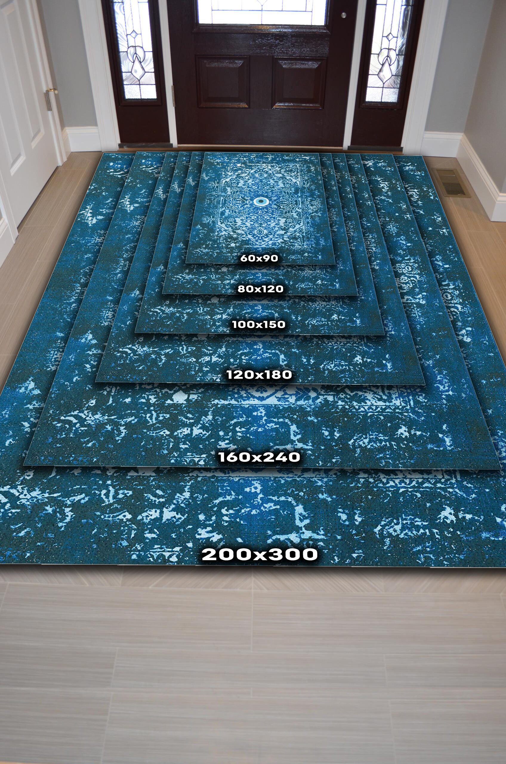 Aesthetic Blue Rug for Ethnic Room Decor, Evil Eye Decor Rug, Good Luck ...