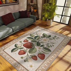 Strawberry Garden Rug: Washable Cottagecore Farmhouse Decor