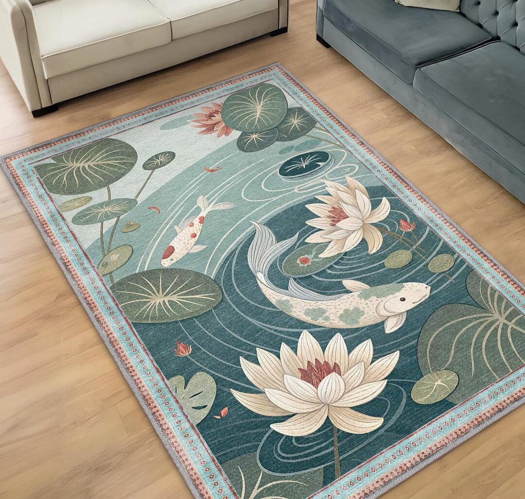 Pond Rug for Tranquil Decor, Koi Fish Rug, Lotus Flower Rug, Serene ...