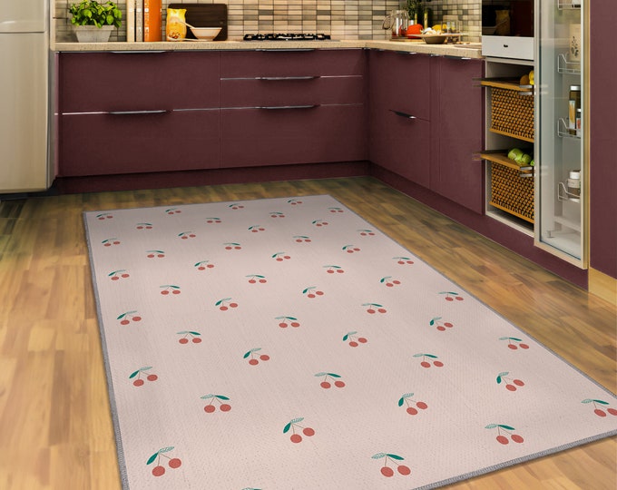 FLOORCLOTH Hand Painted, COTTAGE SHABBY / 30x56 Cherries / Polka Dots ...