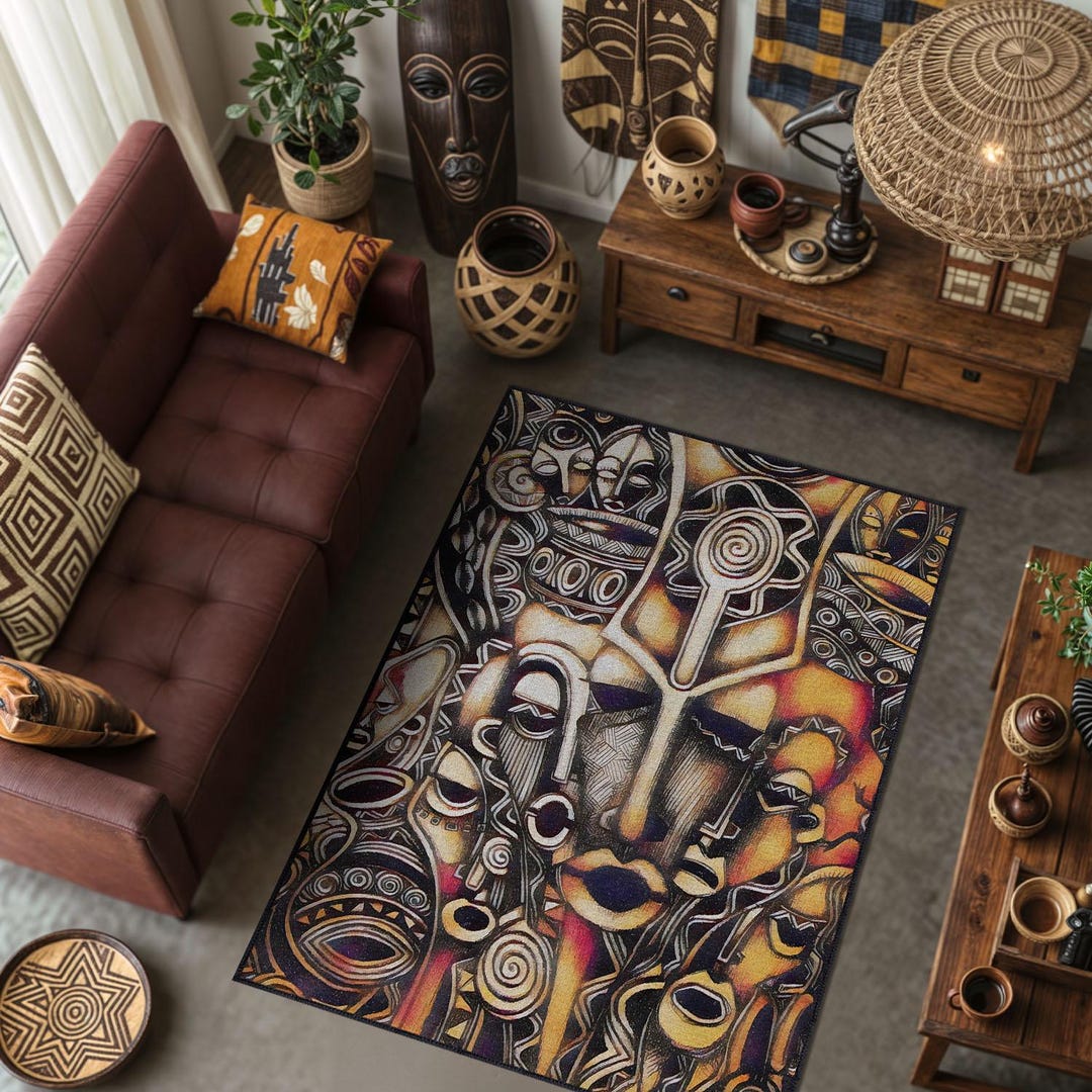 African Wall Rug African Mask Tribal Area Rug, Ethnic Folk Art Home Decor, Machine ...