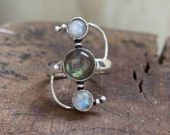 Handmade Sterling Silver Ring Moonstone And Labradorite Gemstones Statement Boho Women Jewelry