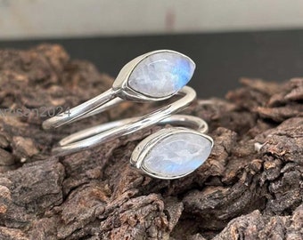 Leaf Moonstone Sterling Silver Ring: Adjustable Boho Wrap