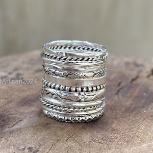 Sterling Silver Stacking Rings Set: Assorted Patterns, Thin & Thick