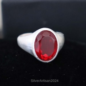 Anillo de granate para hombre: hecho a mano en plata de ley 925, piedra de nacimiento de enero.