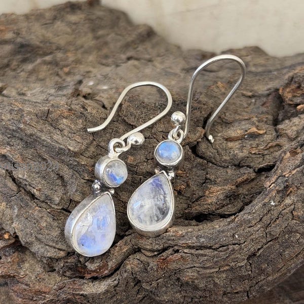 Rainbow Moonstone Sterling Silver Drop Earrings, Boho Gemstone Dangle Jewelry