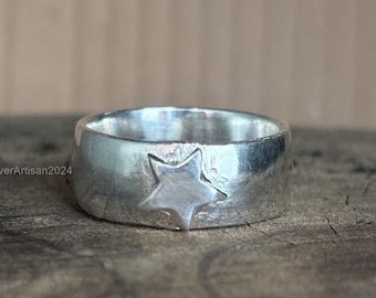 925 Sterling Silver Star Dome Band Ring, Chunky Celestial Signet, Handmade Ring