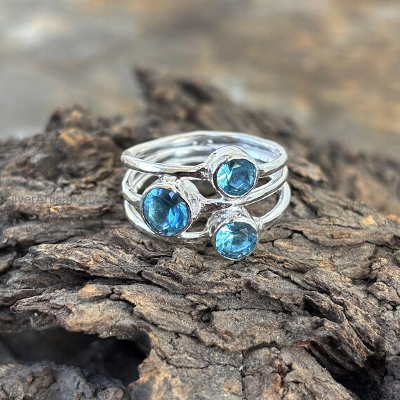 Bague Jonc En Argent Massif 925 Avec Pierre Bleue - Taille 54 - Créateur