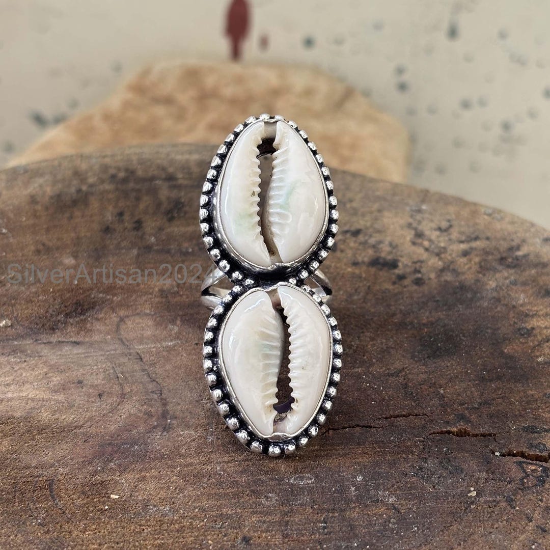 Shell 925 Ring Handmade Double Cowrie Shell 925 Sterling Silver Ring, Boho Tribal ...