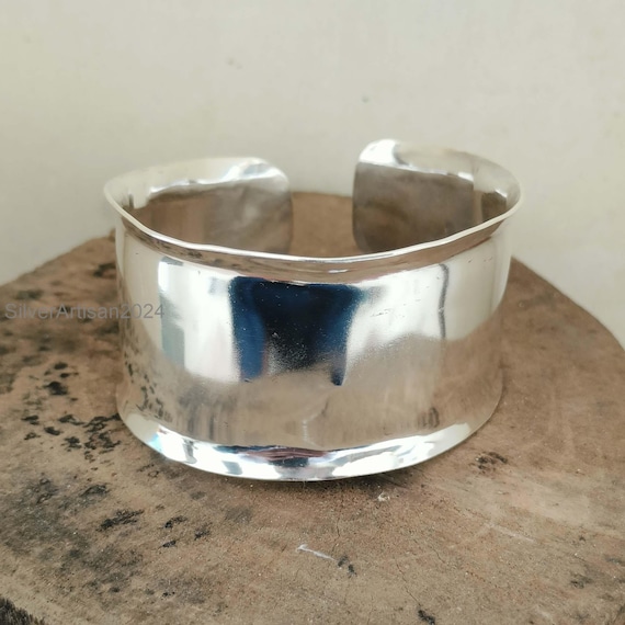 Solid 925 Sterling Silver Wide Cuff Bangle, Adjustable Boho Stacking Bracelet
