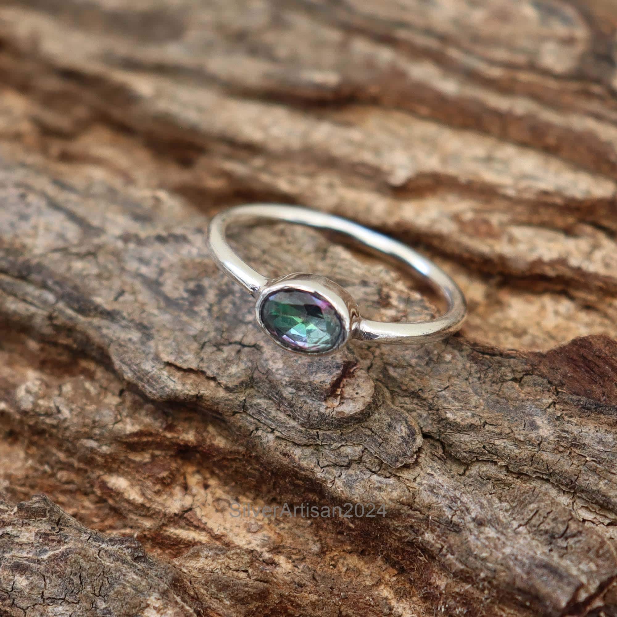 Bague En Argent Avec Topaze Mystique 25x17 Mm - Taille Ajustable 69-60 - Neuf Sans Emballage