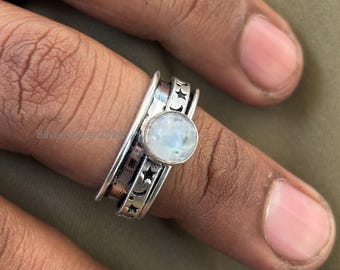 Sterling Silver Moonstone Fidget Ring, Stars and Moon Design