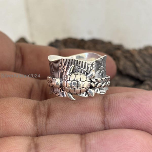 Sterling Silver Turtle Spinner Ring: Handmade Anxiety Meditation Band