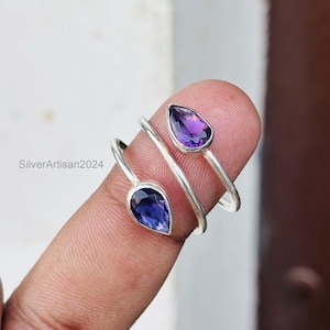 Ring i sterlingsilver med päron och ametist, safirblad, justerbar bohemisk lindning (storlek alla USA)