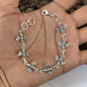 Handmade Sterling Silver Honey Bee Bracelet - Oxidized Charm Bracelet
