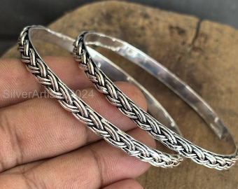 Pulsera rígida doble trenzada de plata de ley hecha a mano: diseño de cuerda retorcida