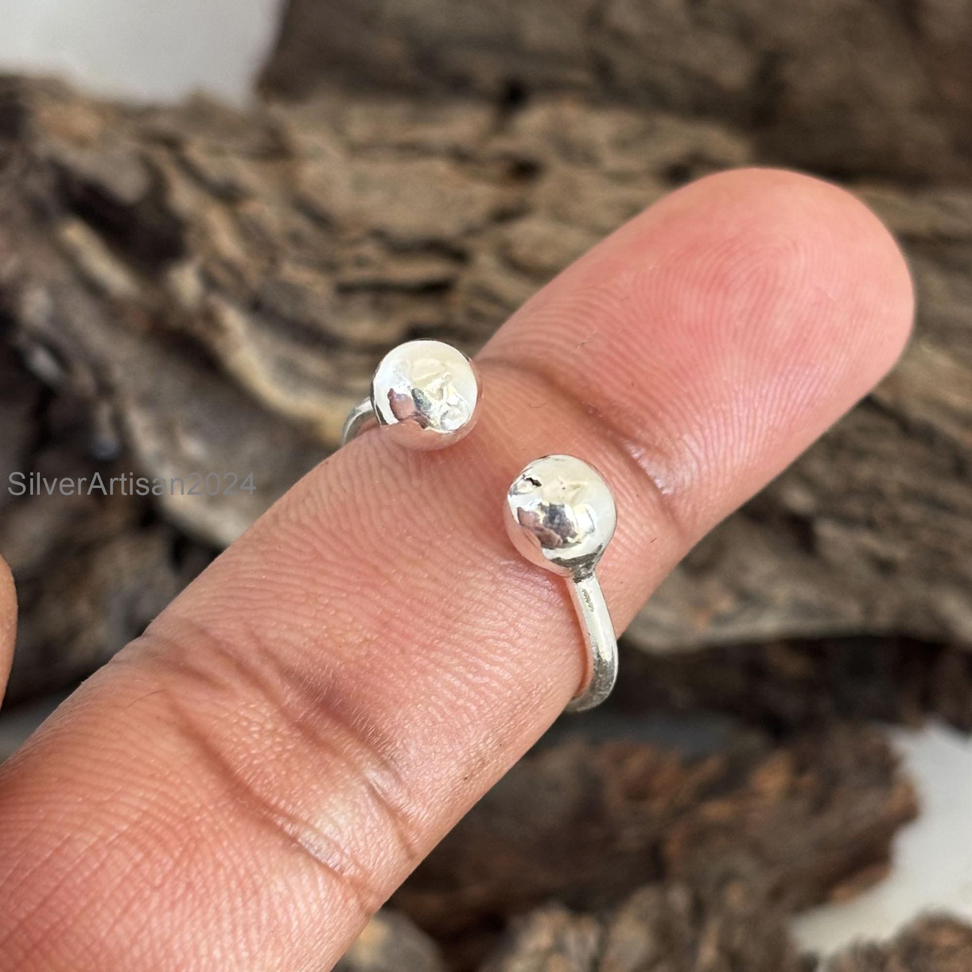 Sterling Silver Open Cuff Ring: Adjustable Double Ball Midi Ring